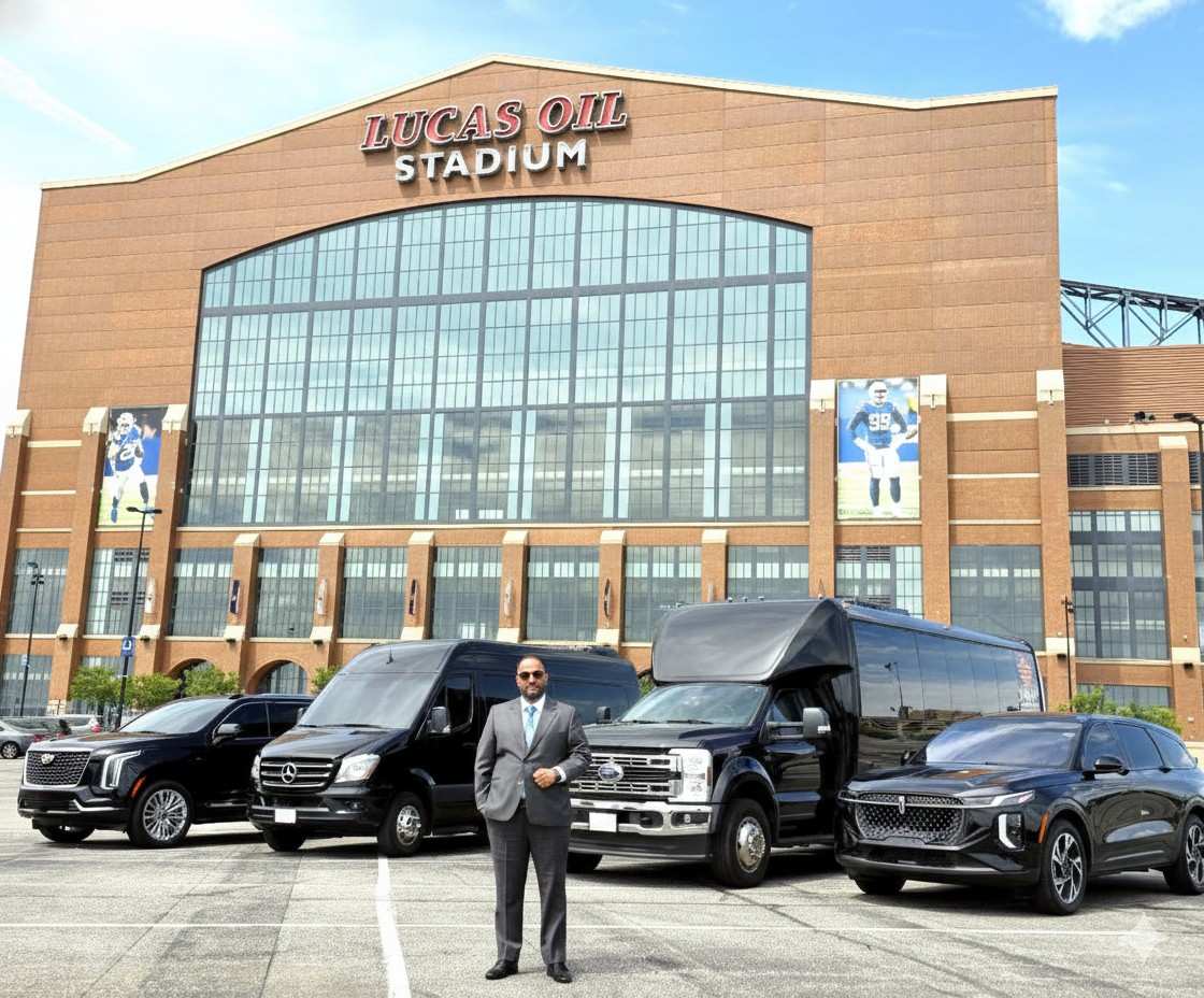 Indy Executive Limo fleet and founder Gary Bhullar at Lucas Oil Stadium Indianapolis