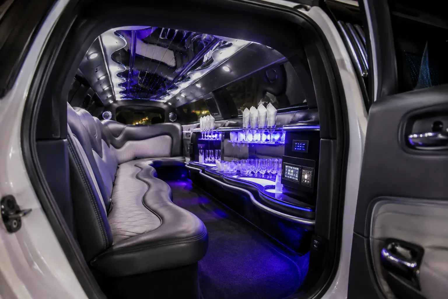 Stretch Limousine Interior for Weddings - LED Lighting and Bar Area Indianapolis