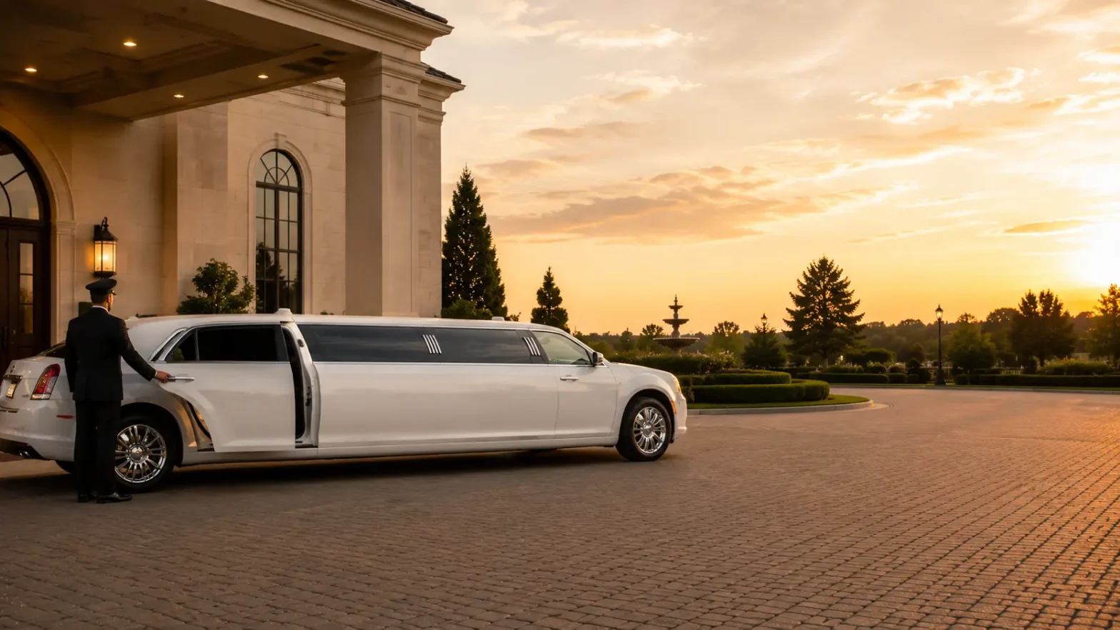 Wedding Limo Service Indianapolis - White Stretch Limousine with Chauffeur at Wedding Venue