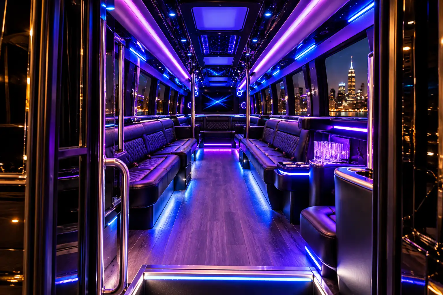 Party Bus Interior Indianapolis - LED Lighting and Perimeter Seating for 28 Passengers