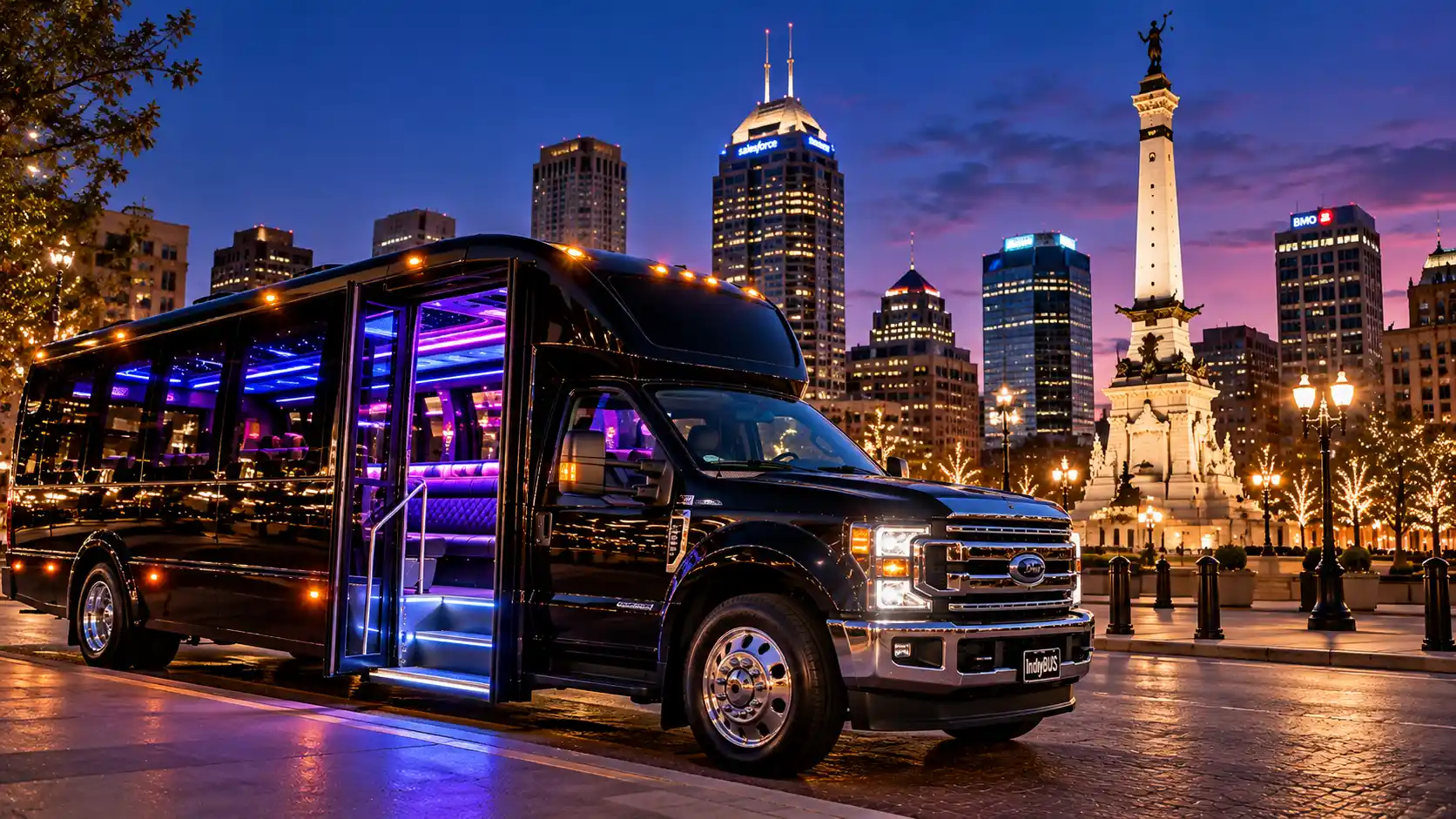 Party Bus Rental Indianapolis - 28 Passenger Limo Bus with LED Lighting at Night
